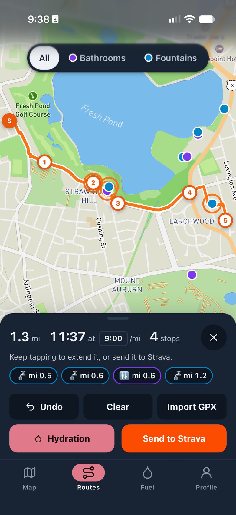 A 1.3-mile route around Fresh Pond with four stops listed by mile and a Send to Strava button.